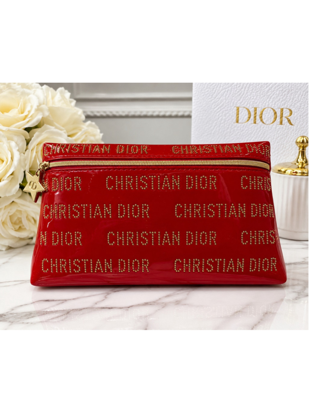 Christian Dior Red Patent Studded Logo Cosmetic Pouch
